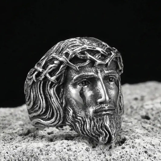 Silver 3D Jesus Head Thorn Ring