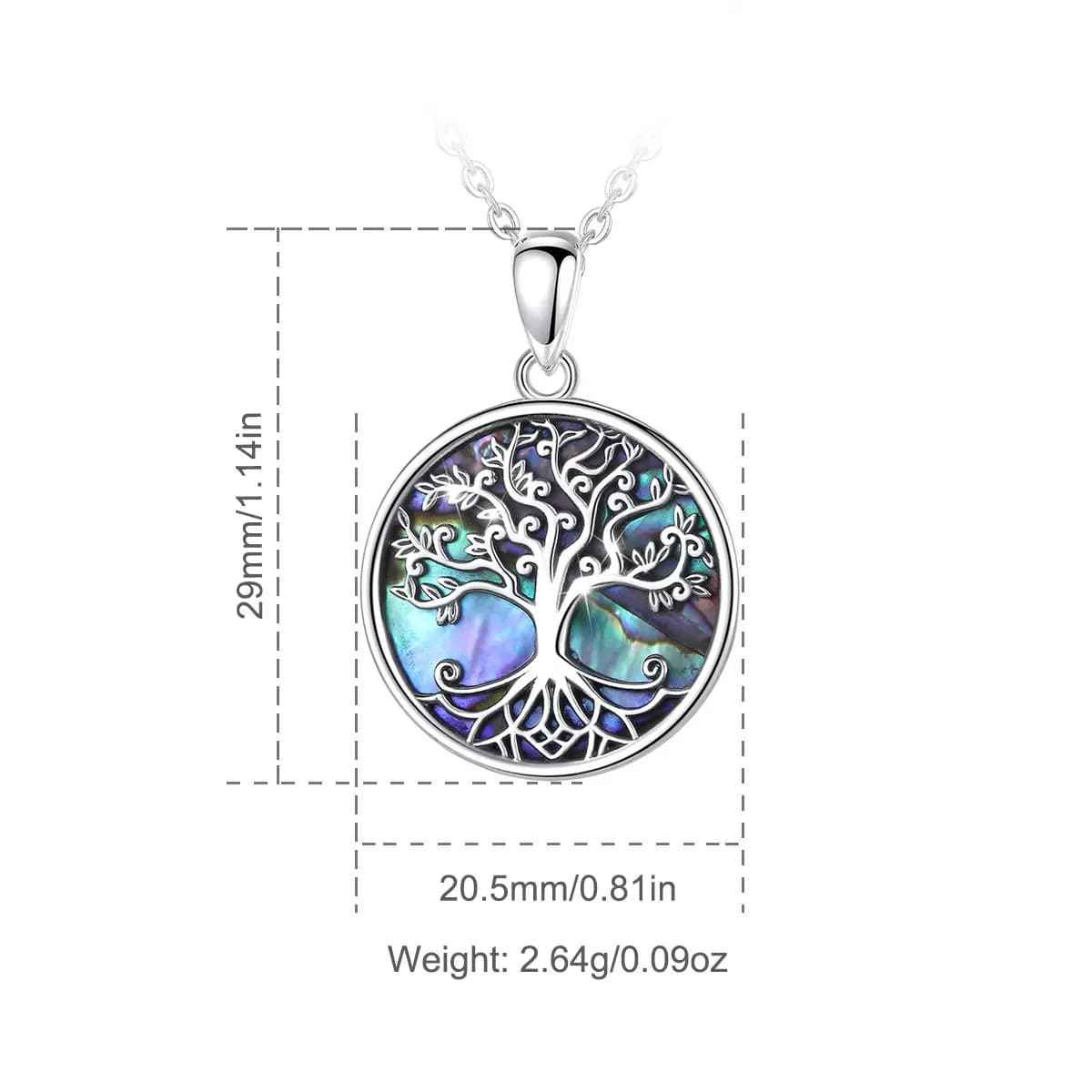 Silver Abalone Tree of Life Pendant Necklace Dimensions and Weight Xenos Jewelry