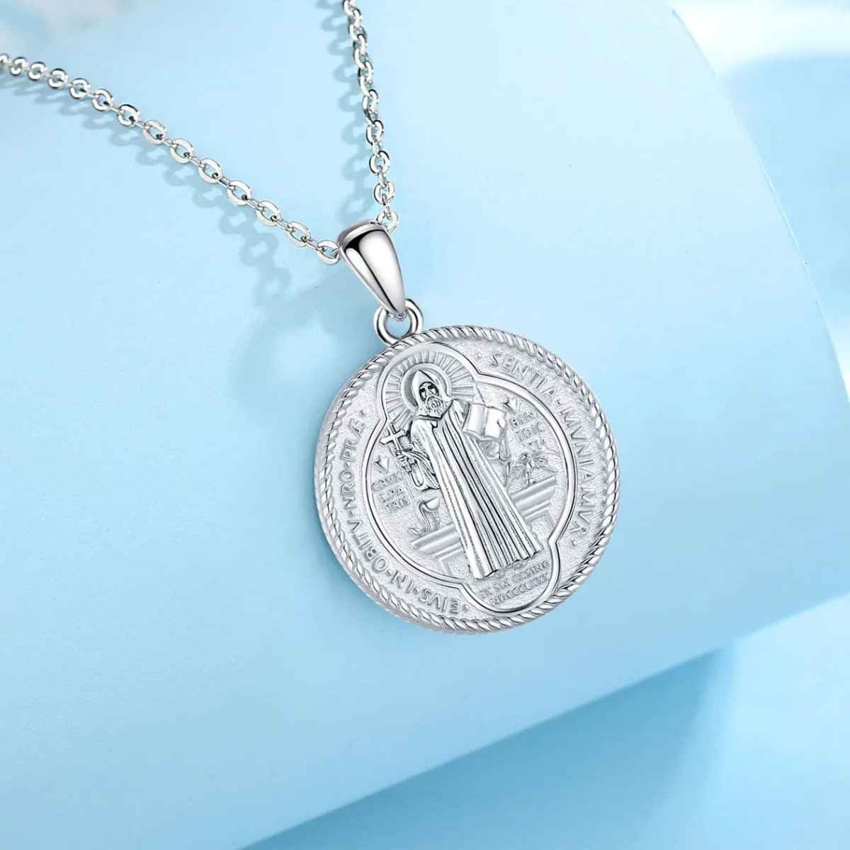 Silver Benedictine Medal Necklace Details Xenos Jewelry