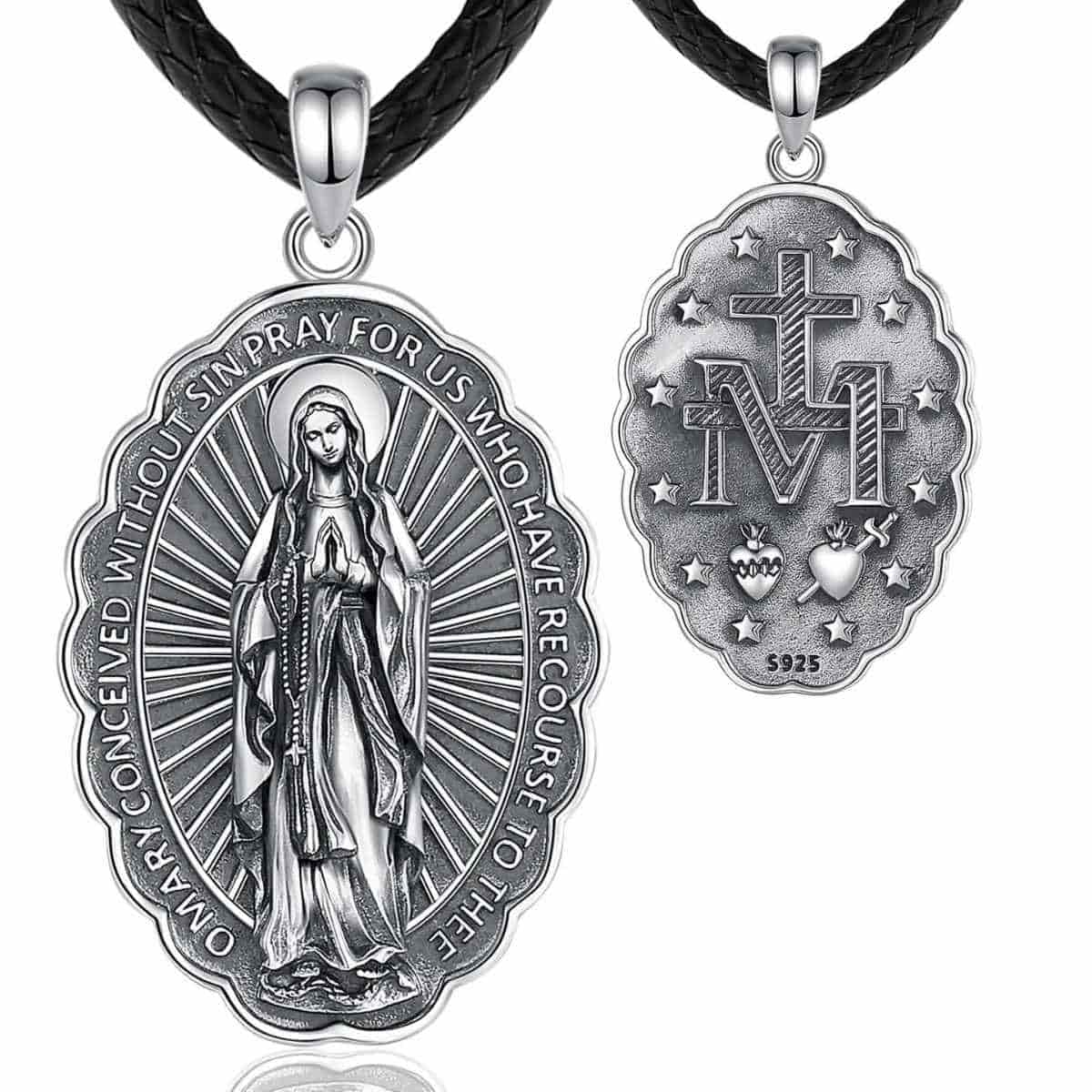 Silver Blessed Virgin Mary Necklace with 24 inch Rope Xenos Jewelry