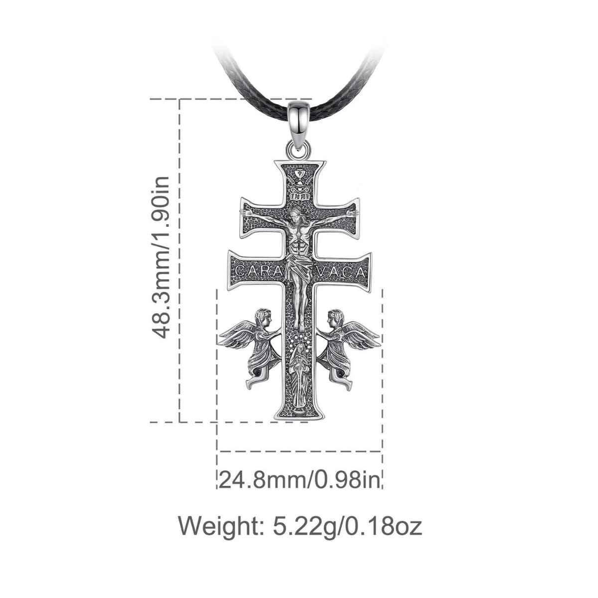 Silver Caravaca Cross Necklace with Angels Dimensions and Weight Xenos Jewelry