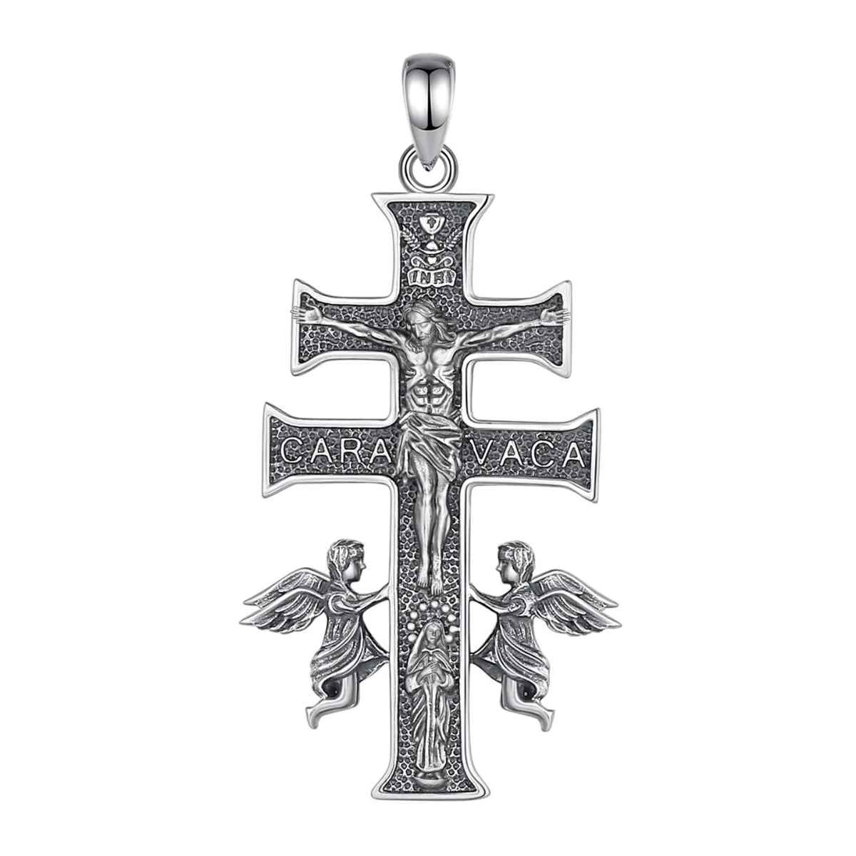 Silver Caravaca Cross Necklace with Angels Pendant Only Xenos Jewelry