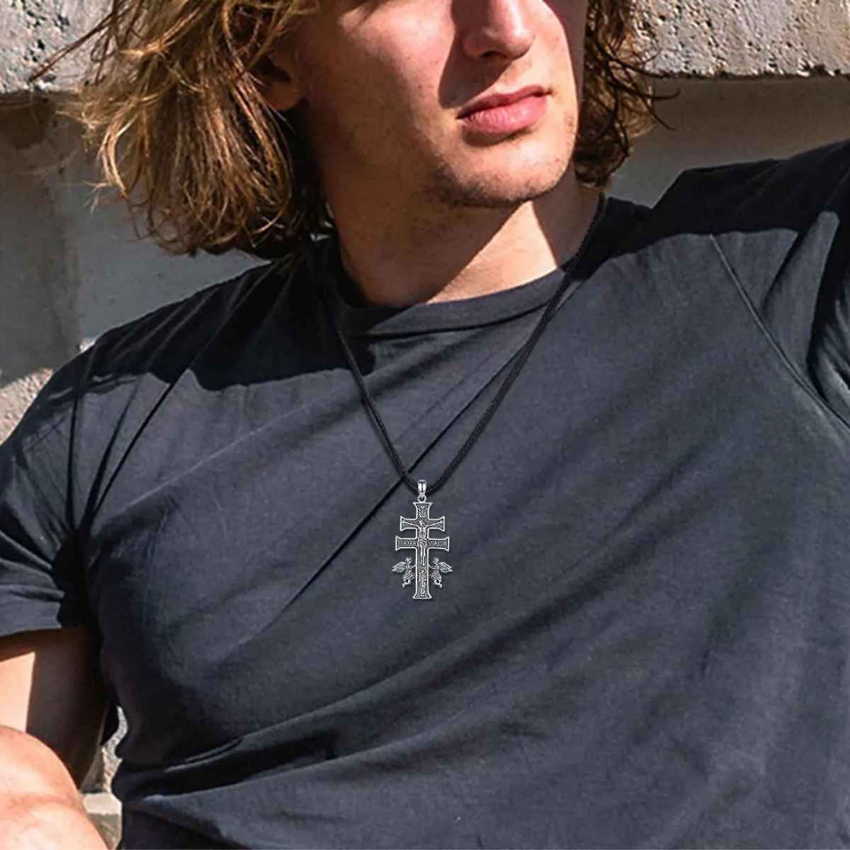 Silver Caravaca Cross Necklace with Angels Worn by Model Xenos Jewelry