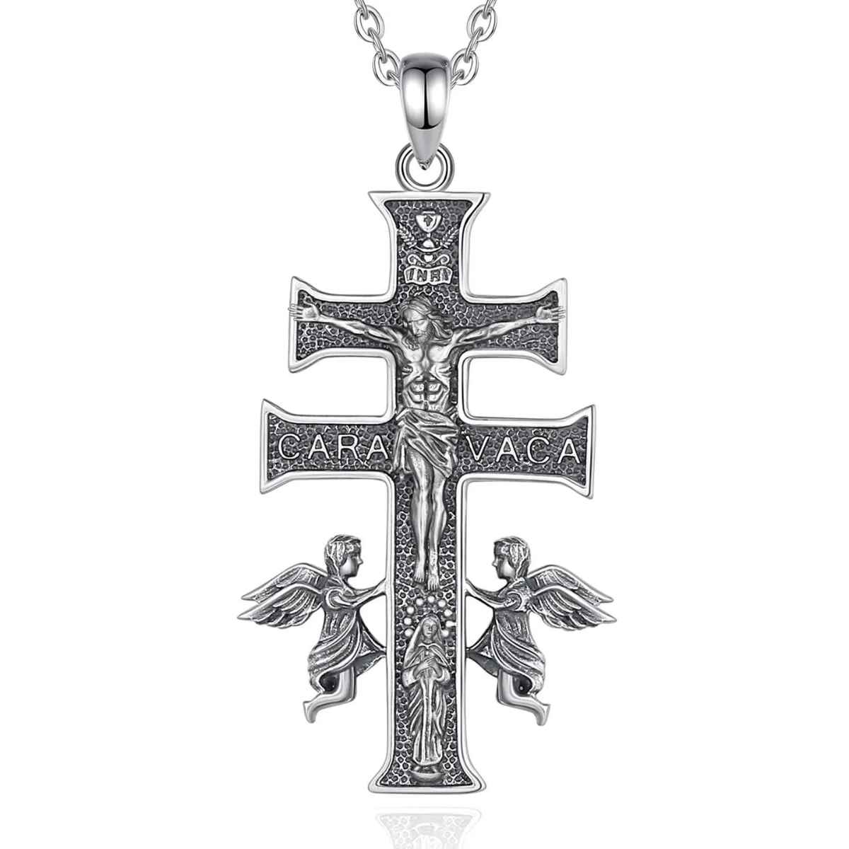 Silver Caravaca Cross Necklace with Angels with 20inch Chain Xenos Jewelry