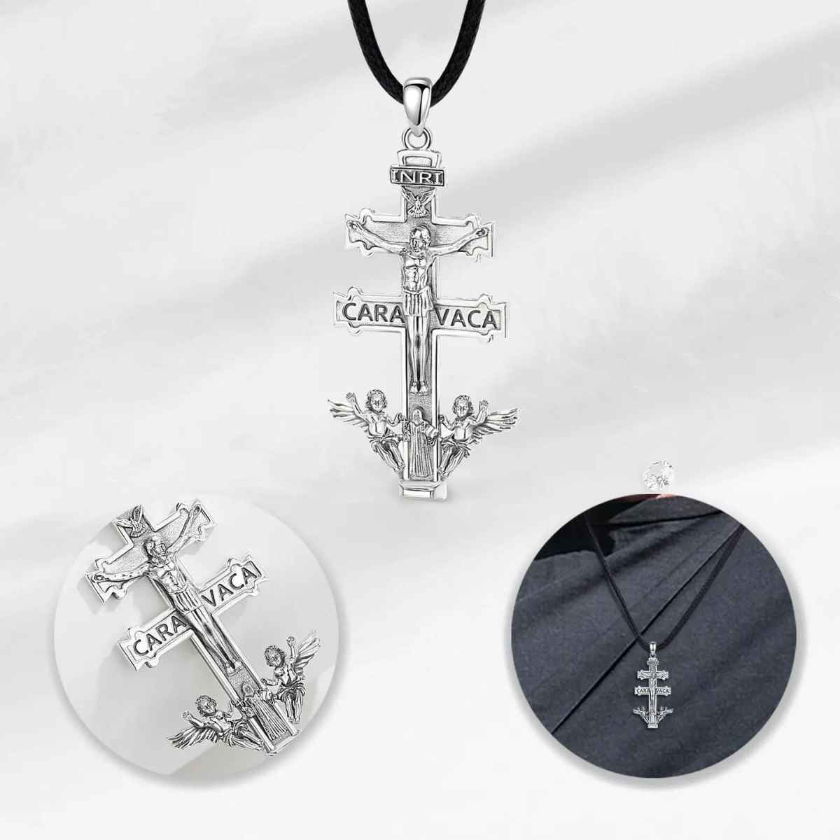 Silver Caravaca Cross Necklace with Cherubs and Priest Details Xenos Jewelry