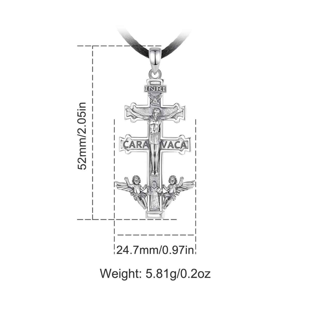 Silver Caravaca Cross Necklace with Cherubs and Priest Dimensions and Weight Xenos Jewelry