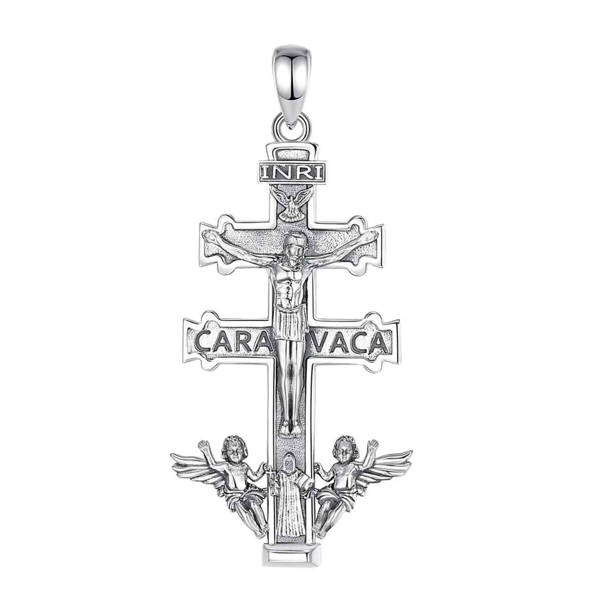 Silver Caravaca Cross Necklace with Cherubs and Priest Pendant Only Xenos Jewelry