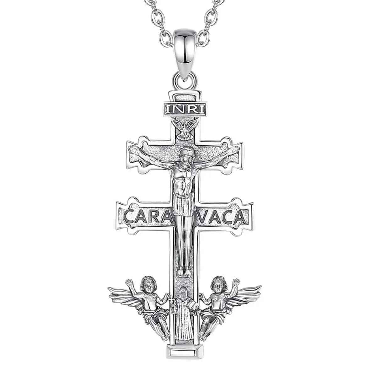 Silver Caravaca Cross Necklace with Cherubs and Priest with 18inch Chain Xenos Jewelry