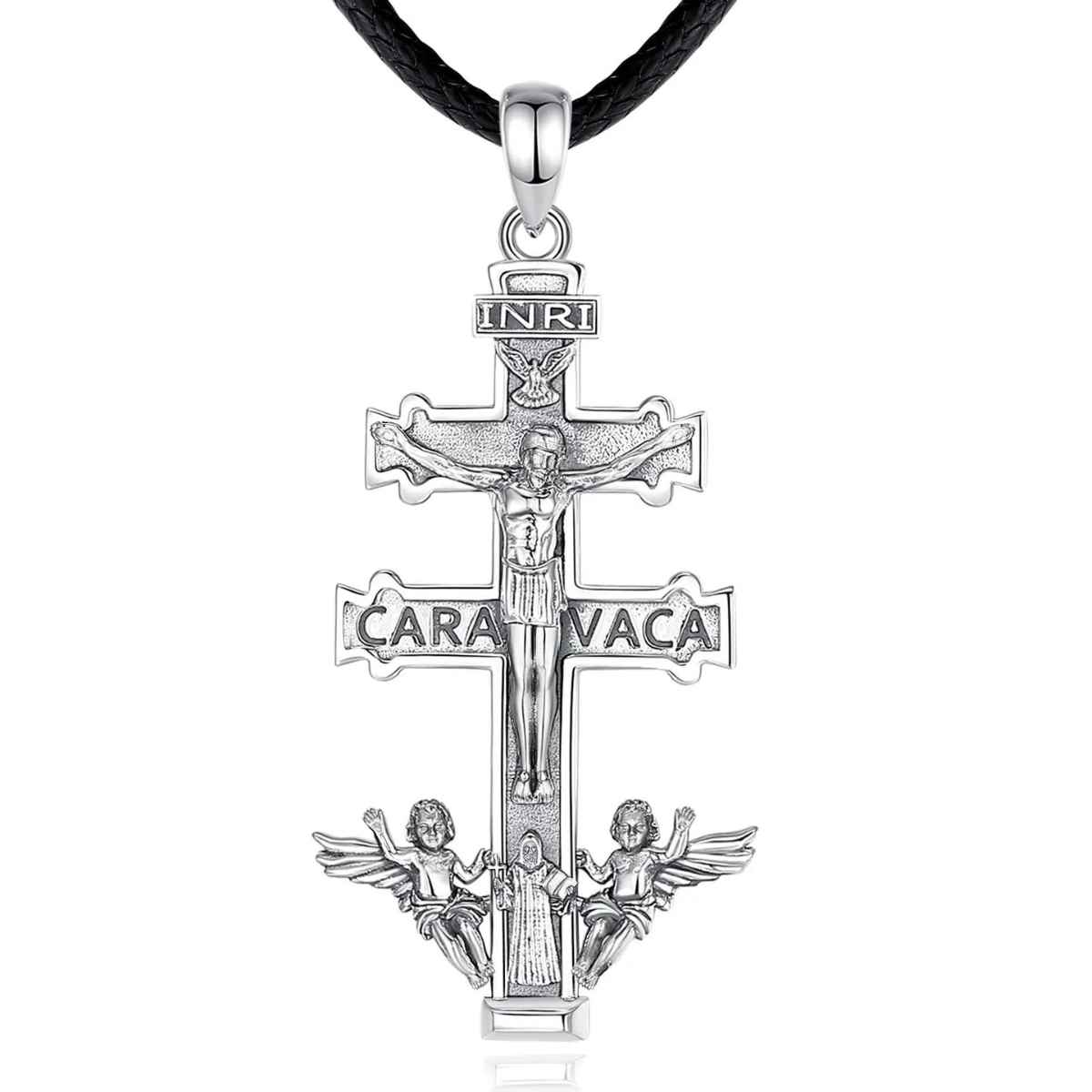 Silver Caravaca Cross Necklace with Cherubs and Priest with 24inch Rope Xenos Jewelry