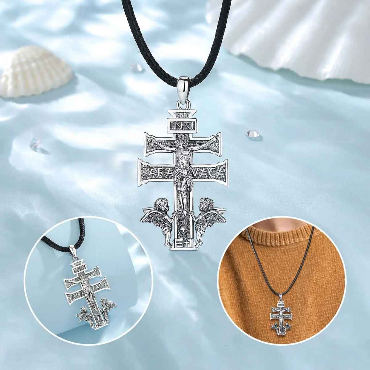 Silver Caravaca Cross Necklace with INRI Details Xenos Jewelry