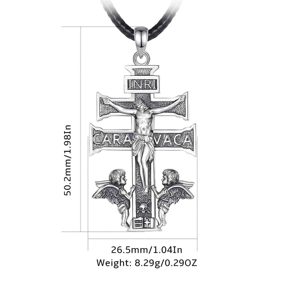 Silver Caravaca Cross Necklace with INRI Dimensions and Weight Xenos Jewelry