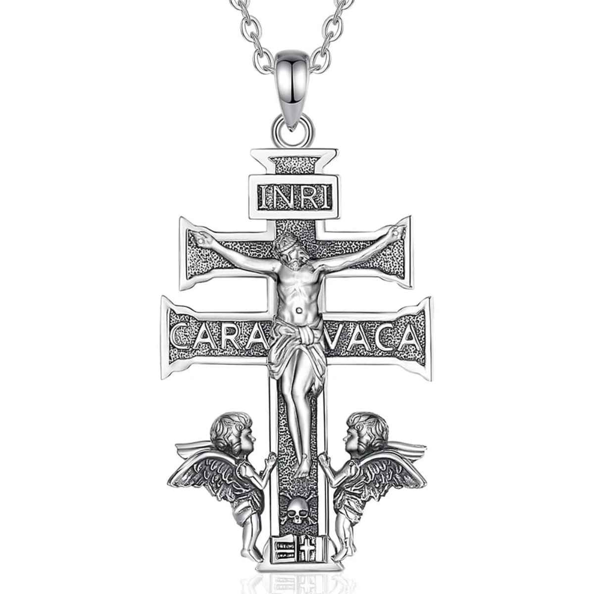 Silver Caravaca Cross Necklace with INRI with 18inch Chain Xenos Jewelry