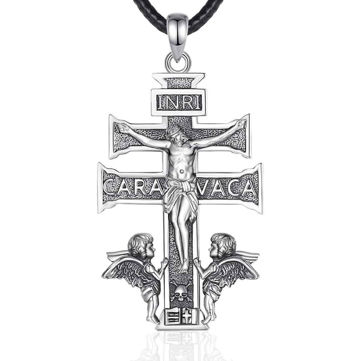 Silver Caravaca Cross Necklace with INRI with 24inch Rope Xenos Jewelry