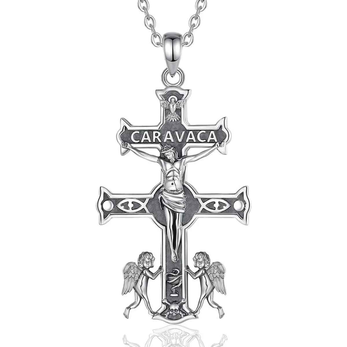 Silver Caravaca Cross Pendant with Skull and Crossbones with 18inch Chain Xenos Jewelry