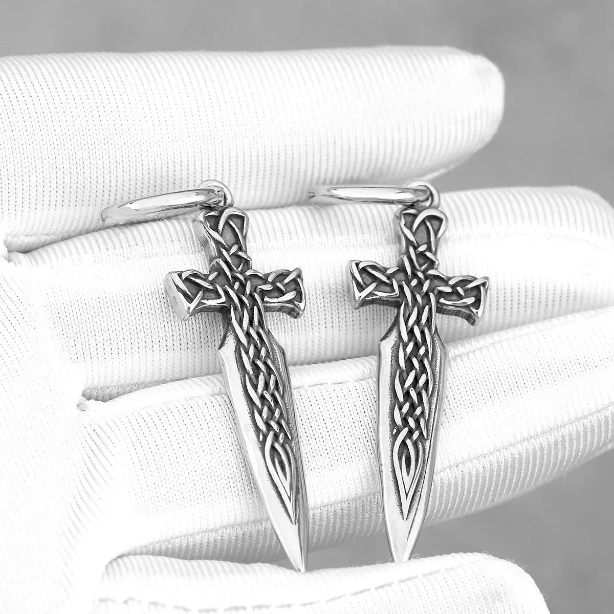 Silver Celtic Knot Sword Earrings Close Up