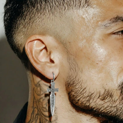 Silver Celtic Knot Sword Earrings Worn by Male Model