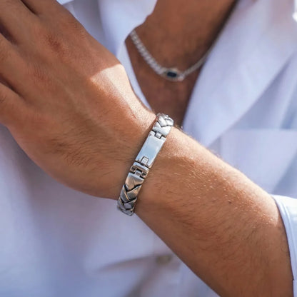 Silver Chevron Link Bracelet 11mm Worn by Male Model