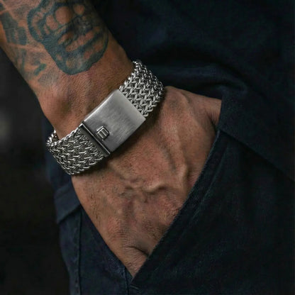Silver Chunky Woven Mesh Bracelet 30mm Worn by Male Model
