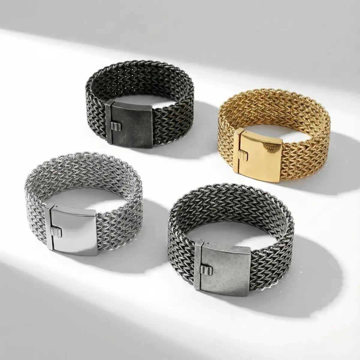 Silver Chunky Woven Mesh Bracelet 30mm with Gold Vintage Silver and Vintage Black