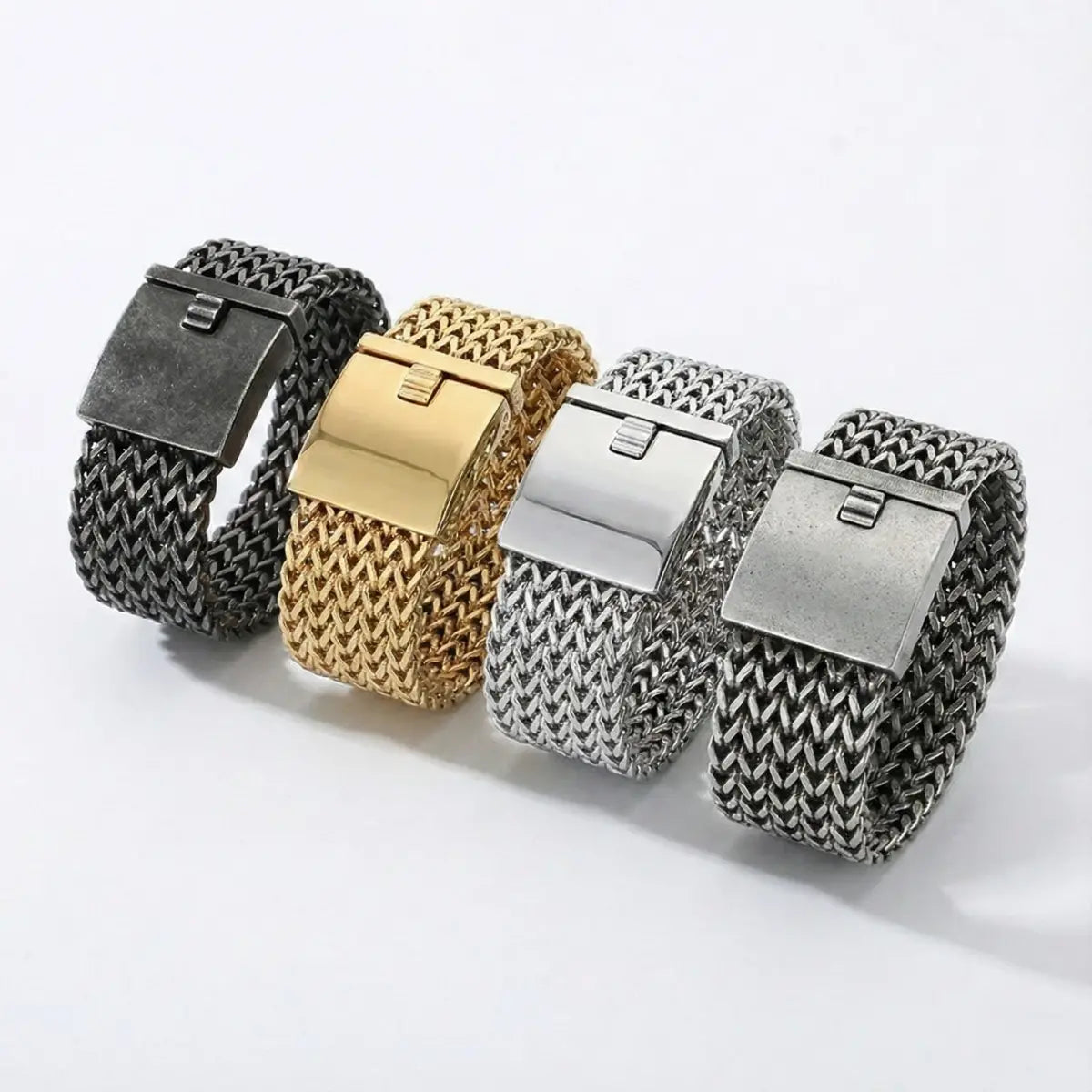 Silver Chunky Woven Mesh Bracelet 30mm with Gold Vintage Silver and Vintage Black Multi Angles