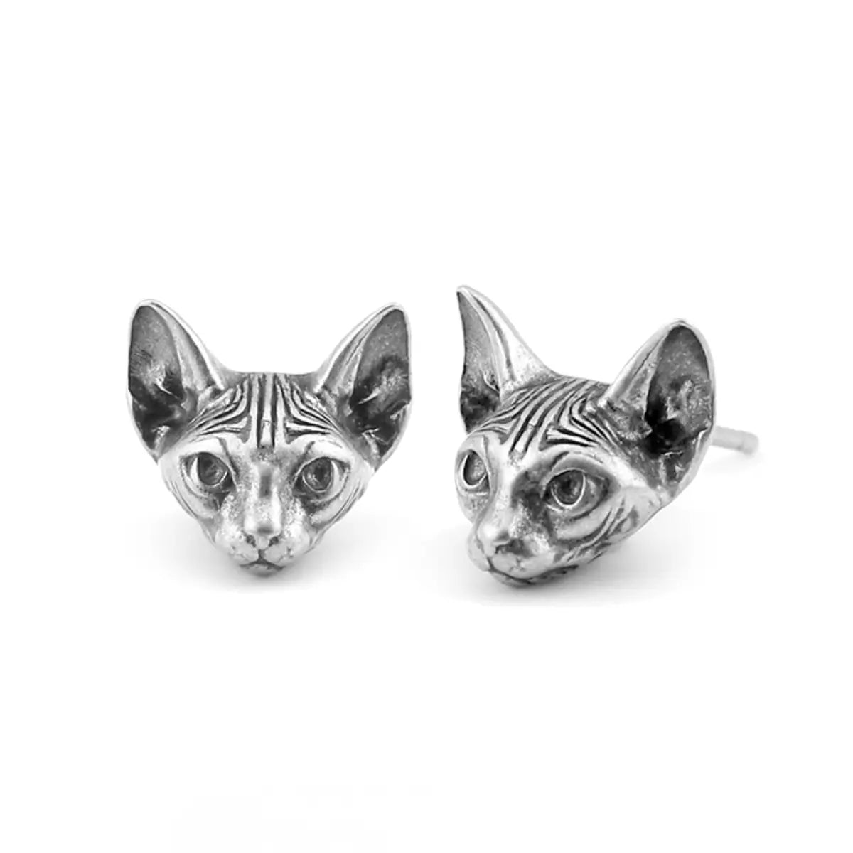 Silver Eye Sphynx Cat Stud Earrings Details