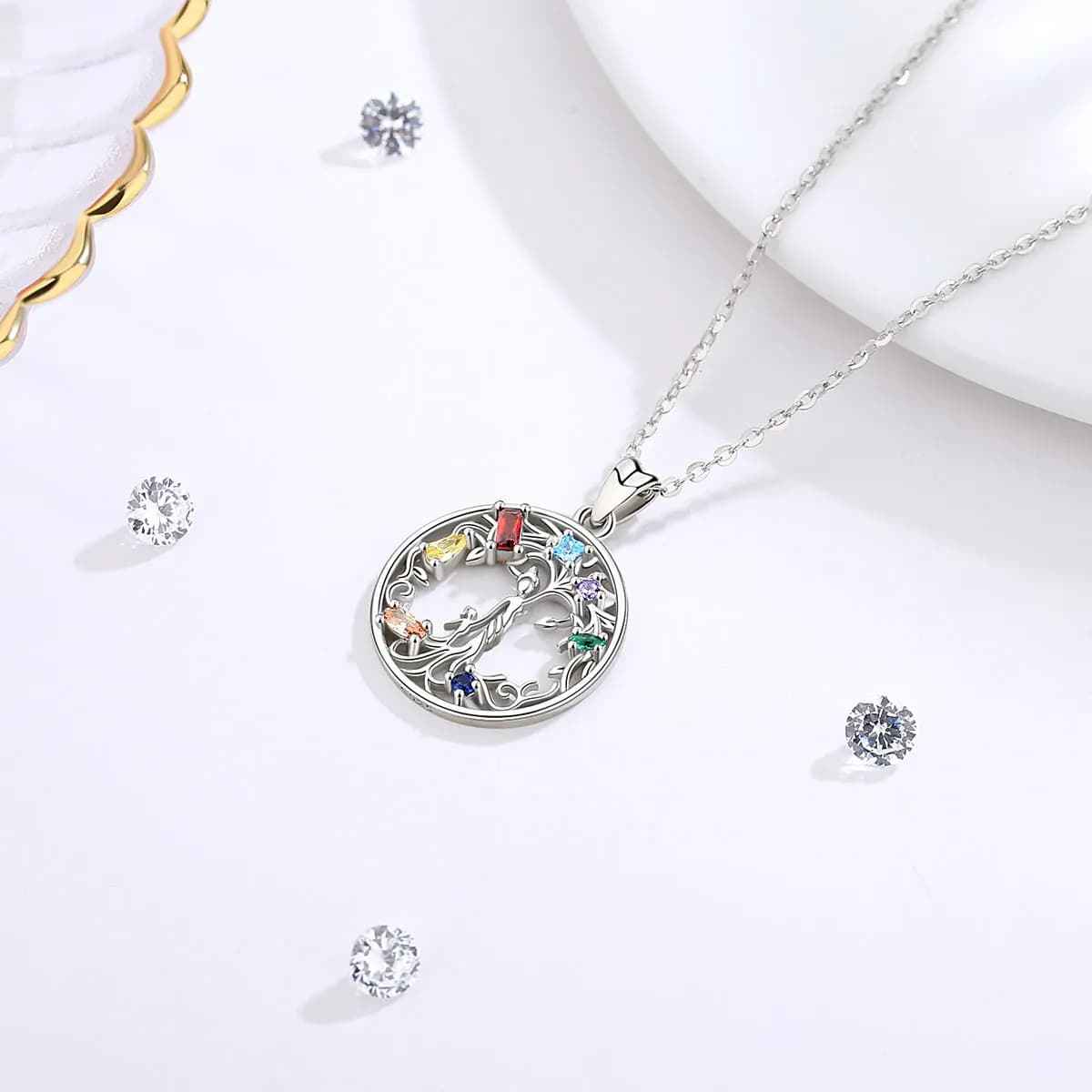 Silver Family Tree Birthstone Necklace Details Xenos Jewelry