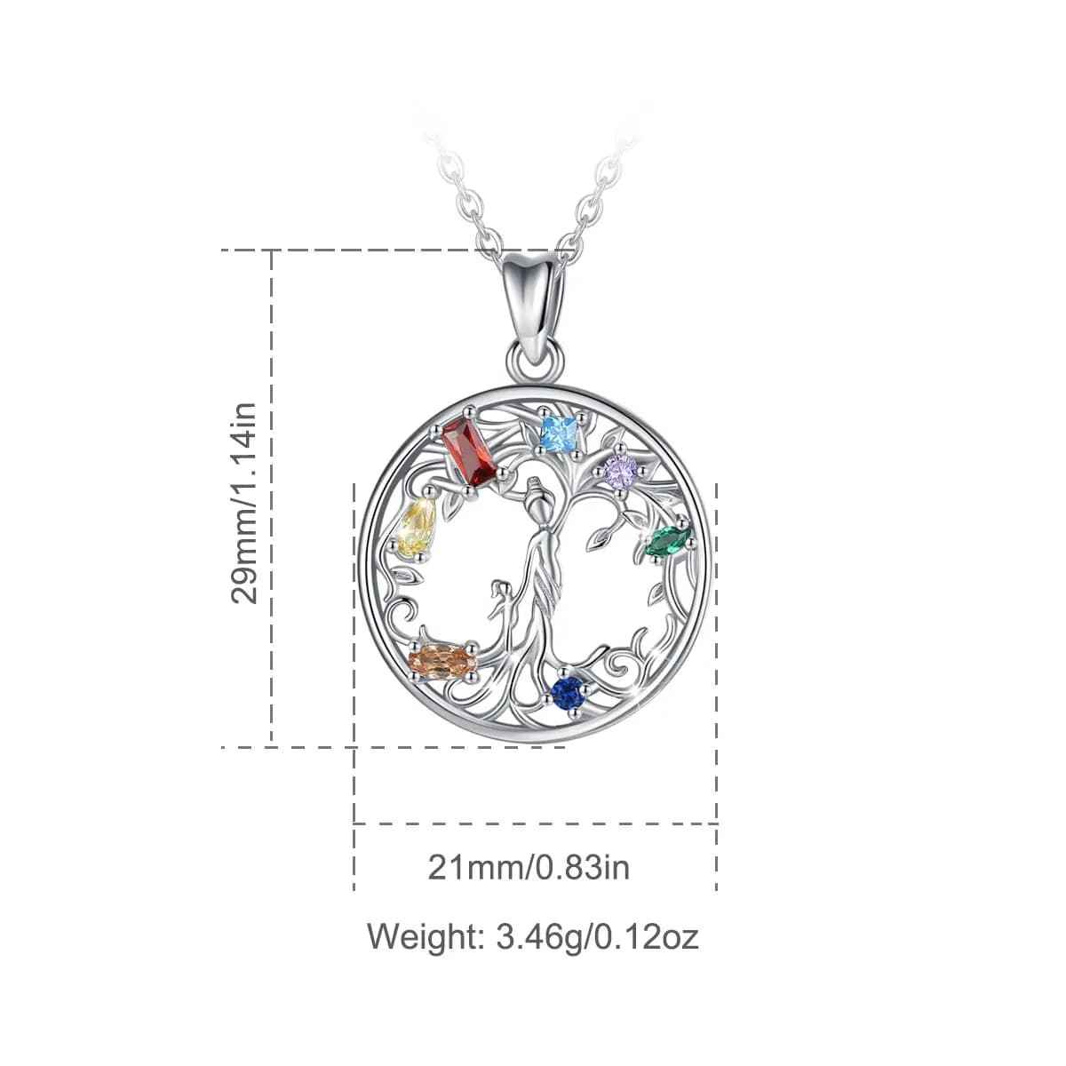 Silver Family Tree Birthstone Necklace Dimensions and Weight Xenos Jewelry