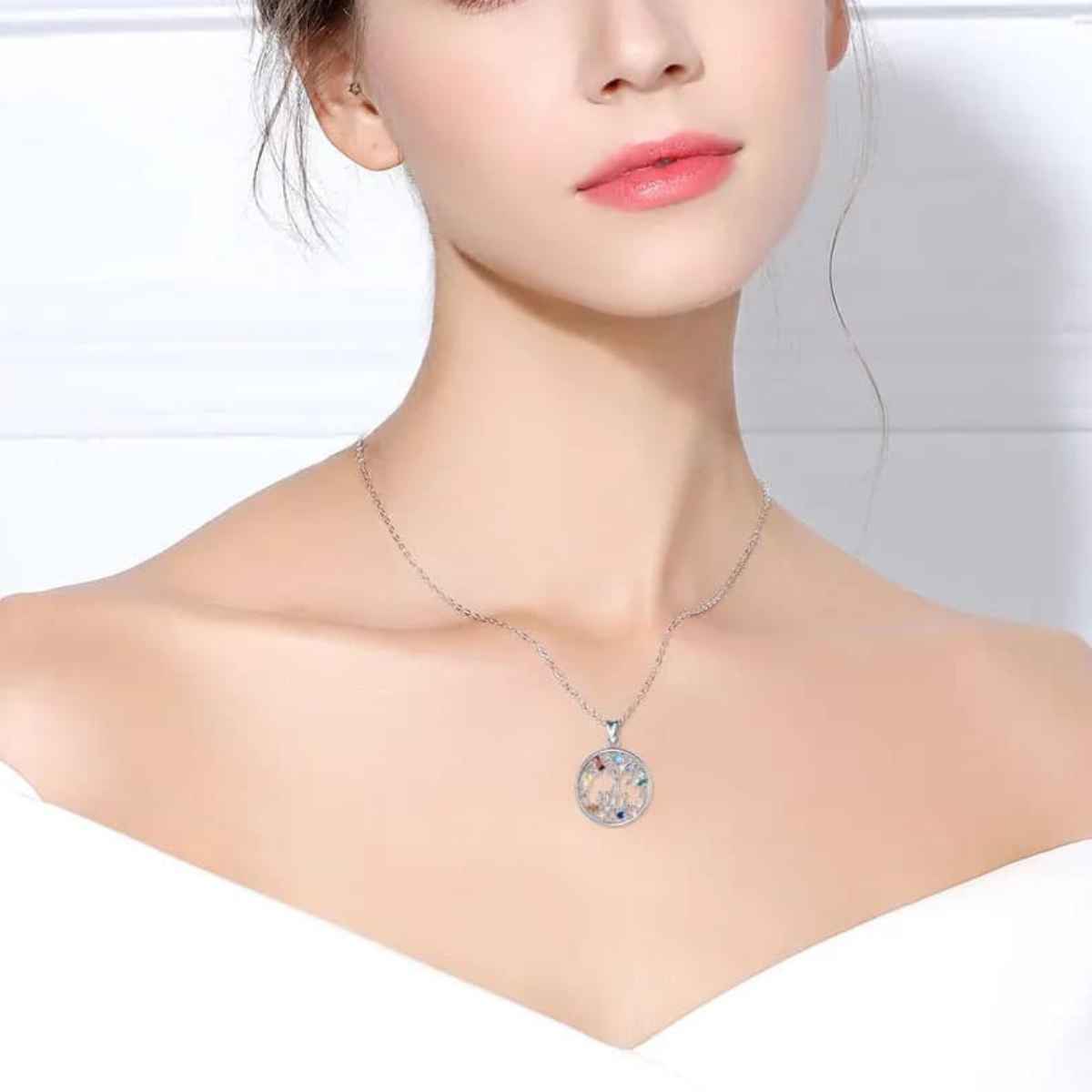 Silver Family Tree Birthstone Necklace Worn by Model Xenos Jewelry