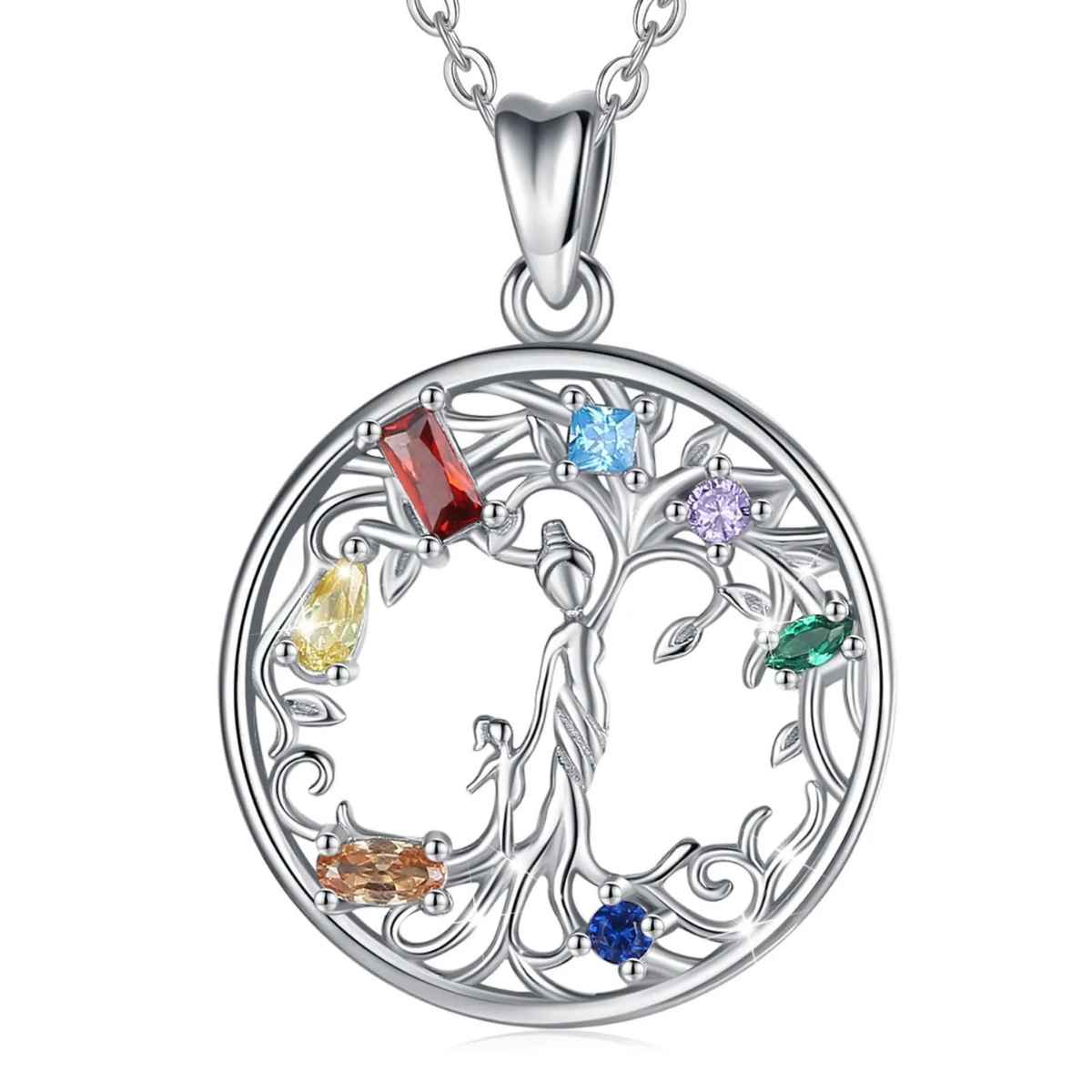 Silver Family Tree Birthstone Necklace with 18 inch Chain Xenos Jewelry