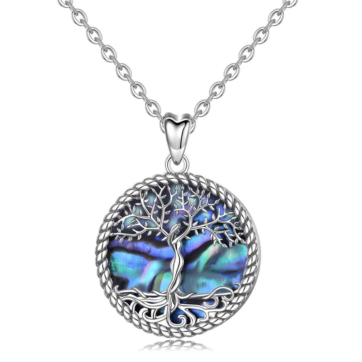 Silver Family Tree Necklace with Abalone Shell Inlay with 18 inch Chain Xenos Jewelry