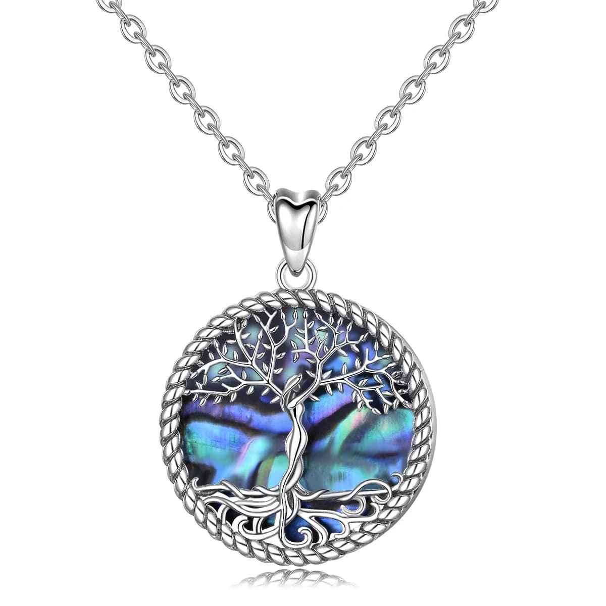 Silver Family Tree Necklace with Abalone Shell Inlay with 20 inch Chain Xenos Jewelry