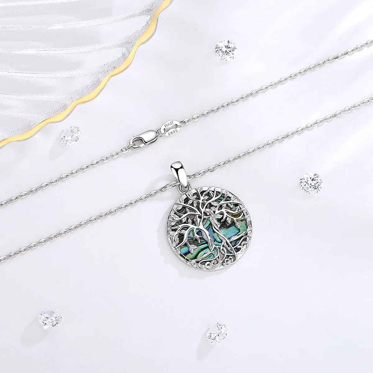 Silver Family Tree Pendant with Abalone Inlay Details Xenos Jewelry