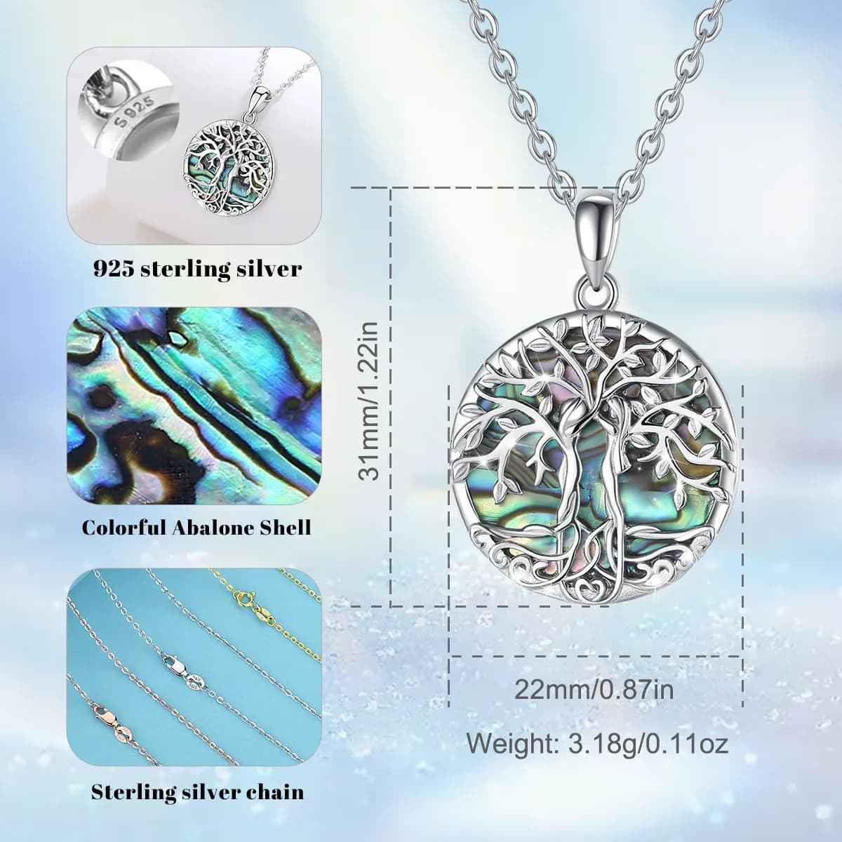 Silver Family Tree Pendant with Abalone Inlay Dimensions and Weight Xenos Jewelry