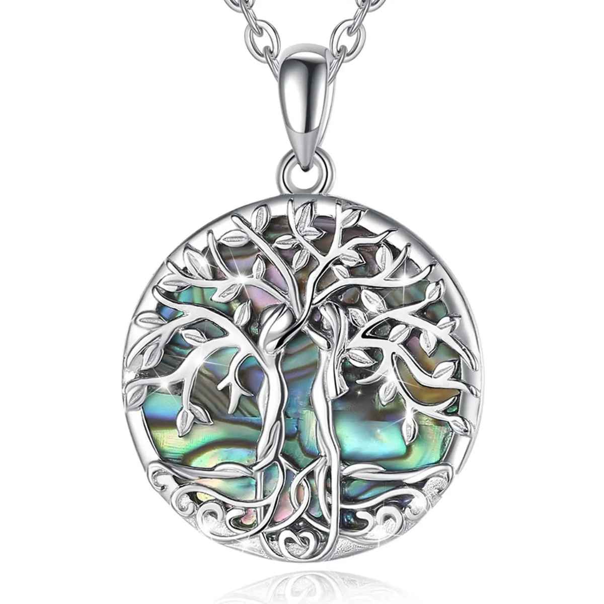 Silver Family Tree Pendant with Abalone Inlay with 18 inch Chain Xenos Jewelry