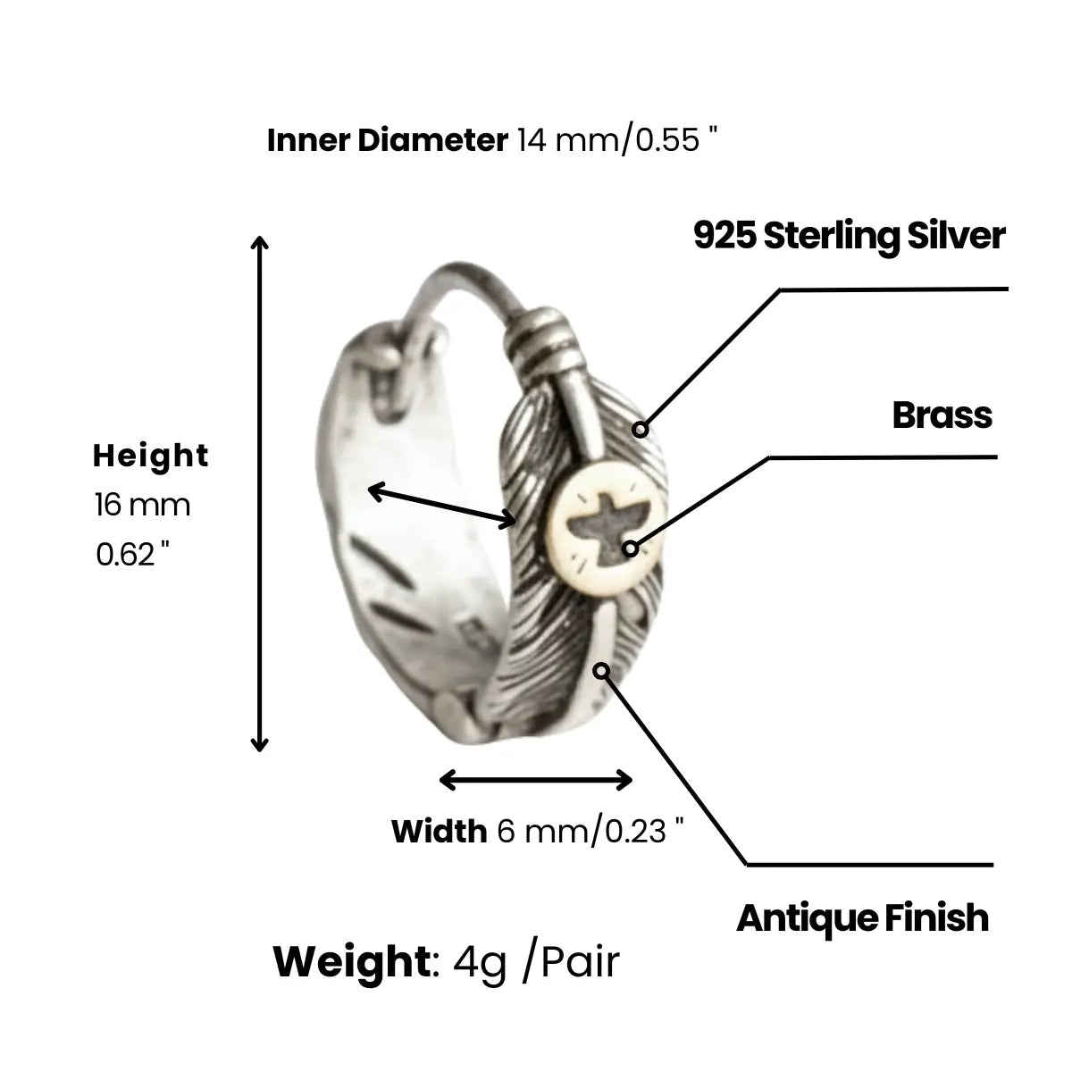 Silver Feather Huggie Hoop Earrings Dimensions and Weight