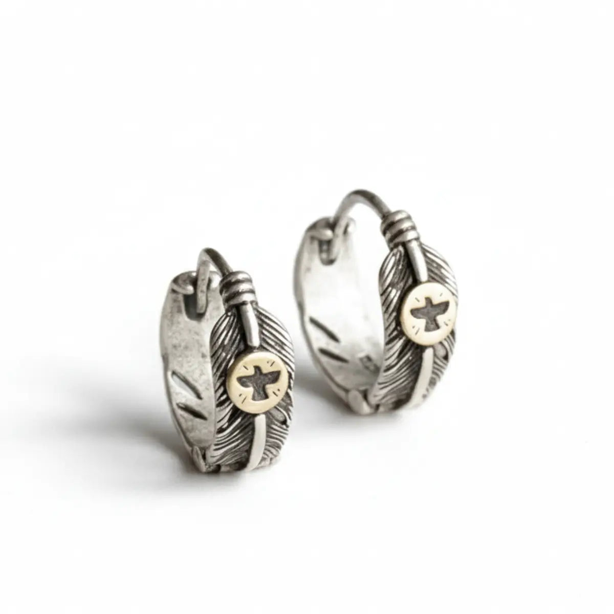 Silver Feather Huggie Hoop Earrings Front