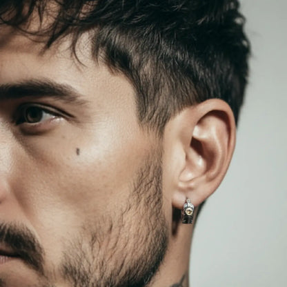 Silver Feather Huggie Hoop Earrings Worn by Male Model