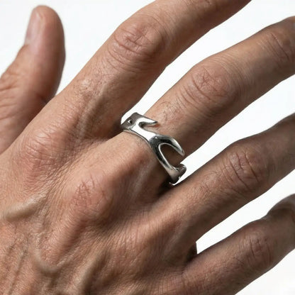 Silver Flame Ring Worn by Male Model Close Up