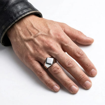 Silver Geometric Signet Ring Worn by Male Model Close Up