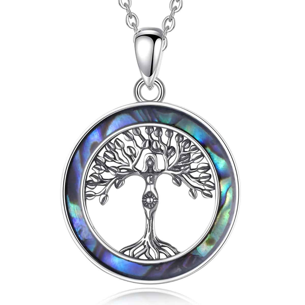 Silver Goddess Tree of Life Pendant with Abalone Shell with 18 inch Chain Xenos Jewelry