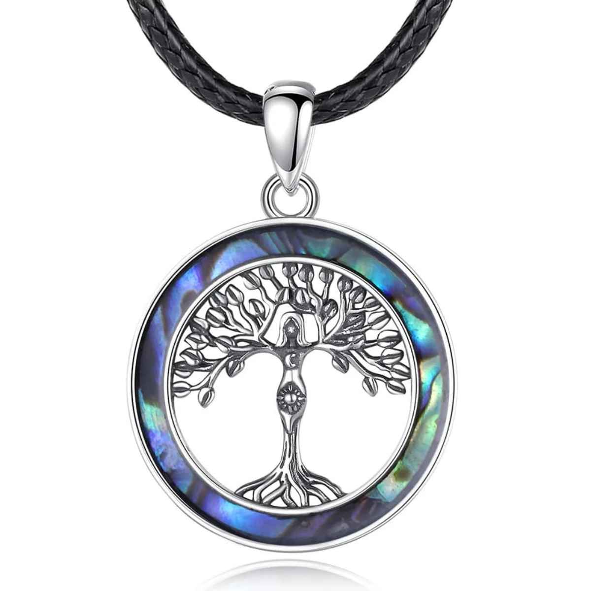 Silver Goddess Tree of Life Pendant with Abalone Shell with 24 inch Rope Xenos Jewelry