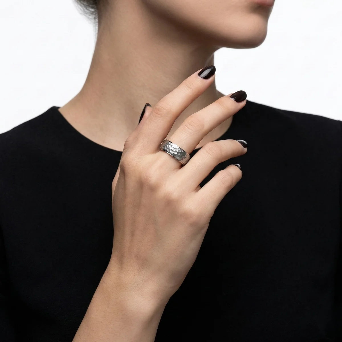 Silver Hammered Band Ring Worn by Female Model