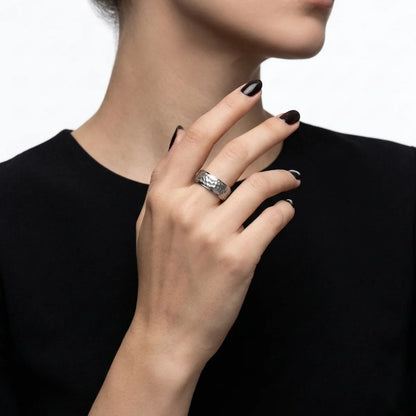Silver Hammered Band Ring Worn by Female Model
