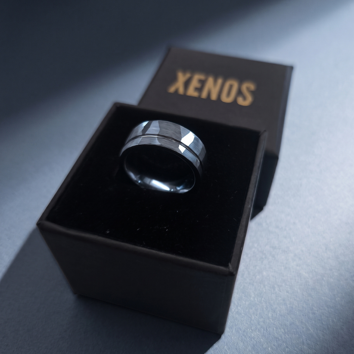 Silver Hammered Tungsten Wedding Band Presented in Xenos Jewelry Packaging Box