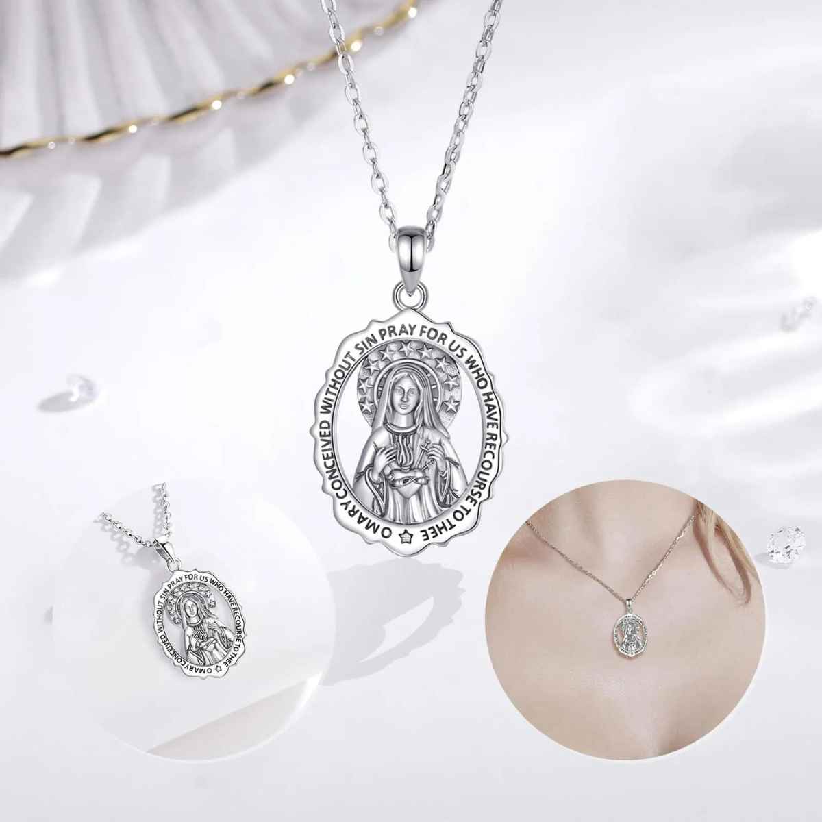 Silver Immaculate Heart of Mary Necklace Details Xenos Jewelry