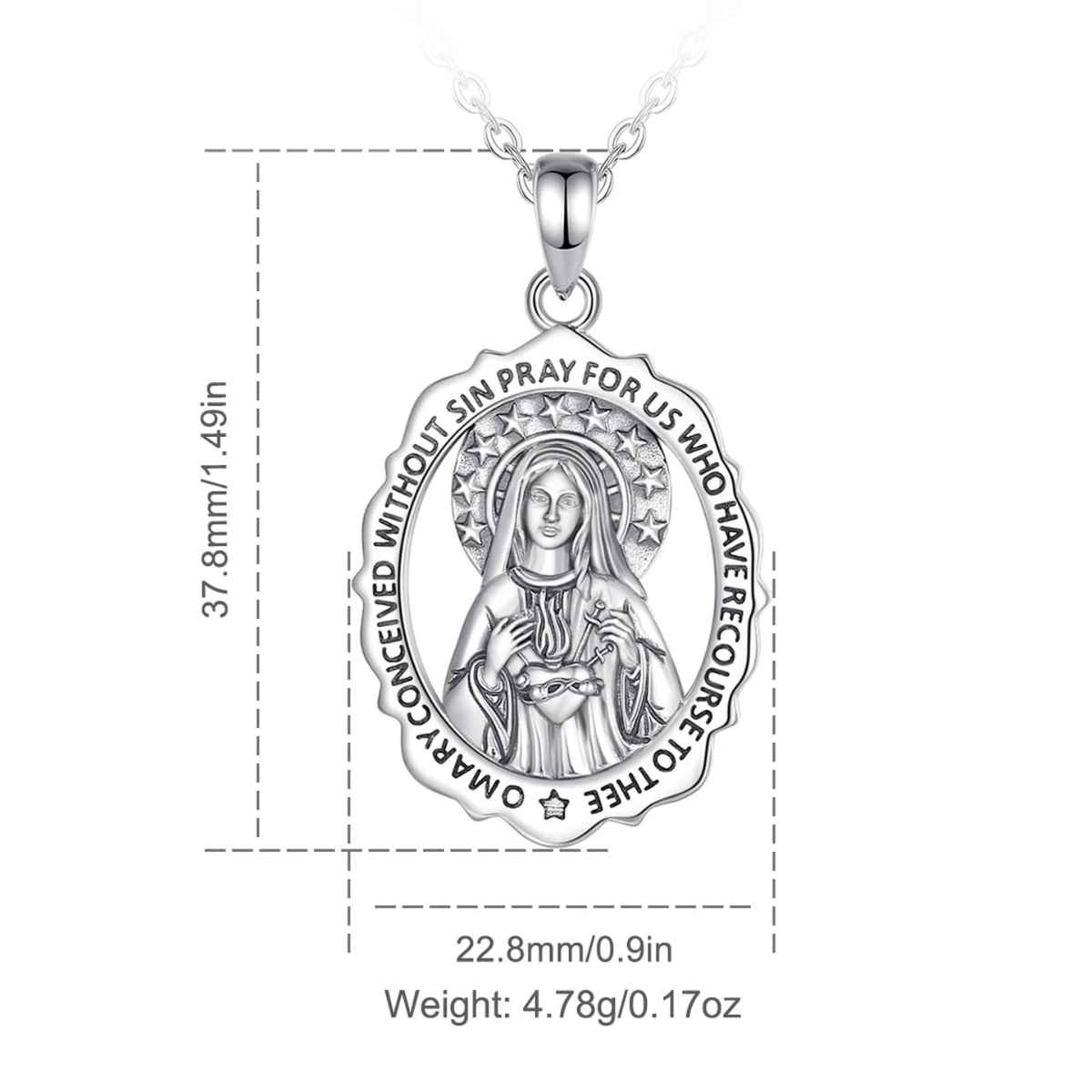 Silver Immaculate Heart of Mary Necklace Dimensions and Weight Xenos Jewelry