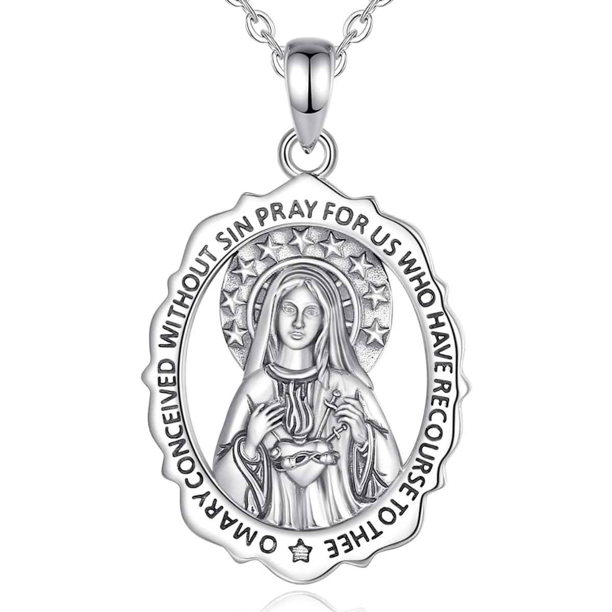 Silver Immaculate Heart of Mary Necklace with 18 inch Chain Xenos Jewelry