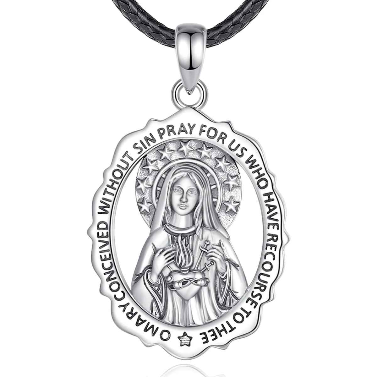 Silver Immaculate Heart of Mary Necklace with 24 inch Rope Xenos Jewelry