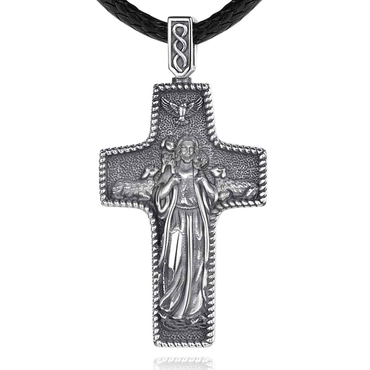 Silver Jesus Cross Necklace with Lamb with 24inch Rope Xenos Jewelry