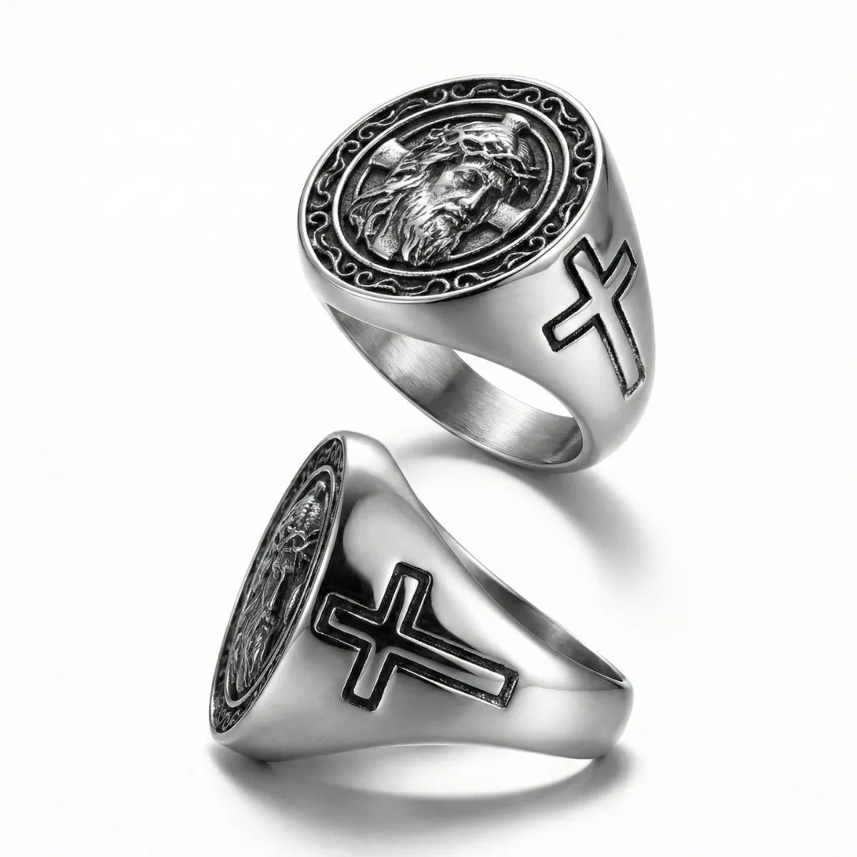 Silver Jesus Cross Ring Multi Angle Details